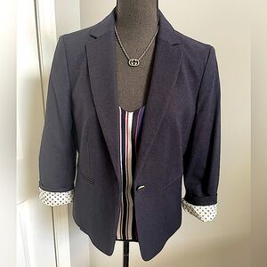 Ann Taylor Navy Textured 3/4 Sleeve Blazer with Polka Dot Cuffs